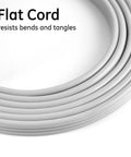 Close-up of gray flat cord for Three Outlet Flat Extension Cord With 15 Foot Reach Grounded 3 Prong Power Strip For Home Office And Entertainment Centers 16 Gauge Indoor UL Listed With Flat Plug Gray Perfect For Desks And Media Setups In Apartments Or Dorms.