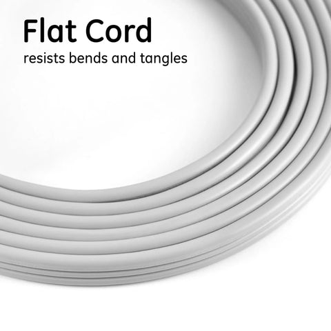 Close-up of gray flat cord for Three Outlet Flat Extension Cord With 15 Foot Reach Grounded 3 Prong Power Strip For Home Office And Entertainment Centers 16 Gauge Indoor UL Listed With Flat Plug Gray Perfect For Desks And Media Setups In Apartments Or Dorms.