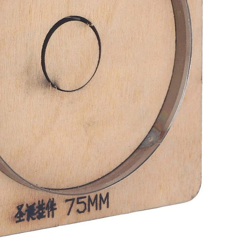 Close-up of 75mm Round Leather Cutting Die For DIY Crafts showing alloy steel construction and precision punch cutter details.
