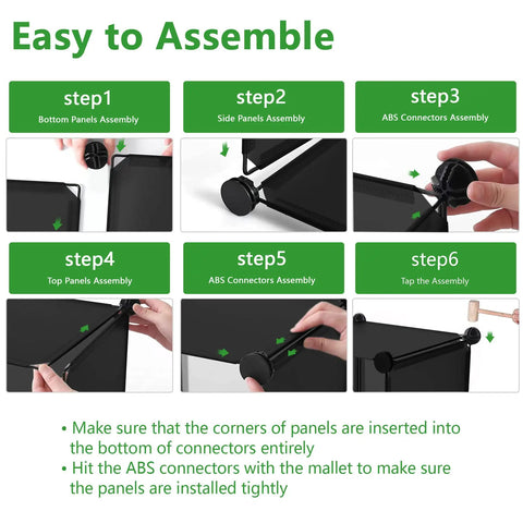 Steps to assemble Four Cube Storage Organizer With Durable Plastic Modular Shelves shown with connectors and panels.
