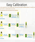 Calibration steps for Pocket Size PH Meter Pen For Water Testing, showing pH solutions and readings on meter screen, yellow device.
