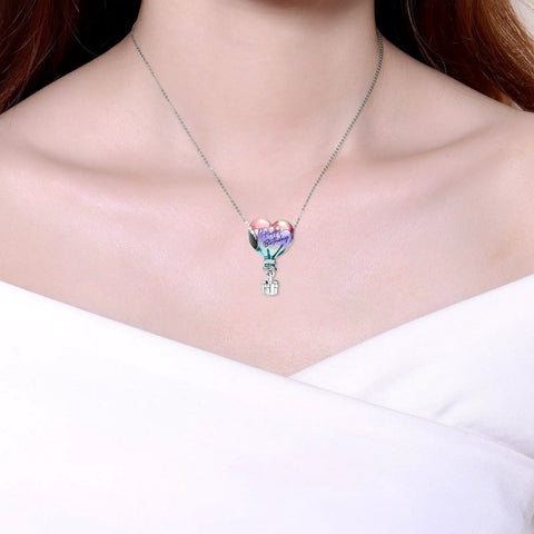 Happy Birthday Hot Air Balloon Charm In 925 Sterling Silver With Enamel Heart Balloon, Perfect Gift For Her Squad on necklace