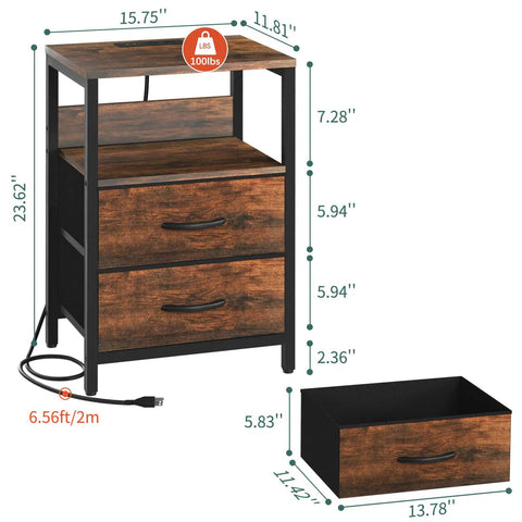 Nightstand With Charging Station And USB Ports, Compact Bedside Table With Fabric Drawers, size dimensions shown in image
