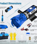 RV Macerator Pump For Fast 4 Minute Tank Emptying In RVs And Boats, showing pump, copper motor, hose, and tools included.