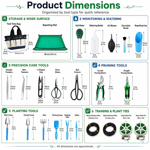 25 Piece Succulent And Bonsai Tools Set For Beginners Indoor Plant Care Kit With Repotting Mat Organizer Tote Soil Moisture Meter Pruning Shears Mini Garden Tools A Must Have Gift For Women And Men, dimensions chart