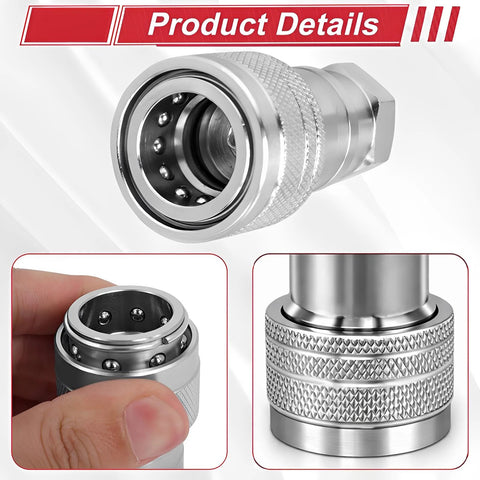 Front view of Hoqqf 2-pack 1/2 in. Ag hydraulic quick-connect couplers with dust caps, knurled metal body