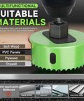 Close-up of All In One 27 Piece Hole Saw Set Kit with High Carbon Steel Blades displaying suitable materials like drywall and softwood.