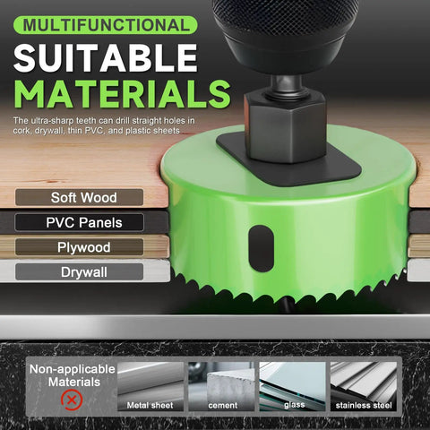 Close-up of All In One 27 Piece Hole Saw Set Kit with High Carbon Steel Blades displaying suitable materials like drywall and softwood.