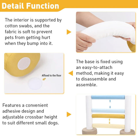 Indoor Dog Agility Training Kit 3 In 1 with Jump Ring features soft fabric and adhesive base for small dogs