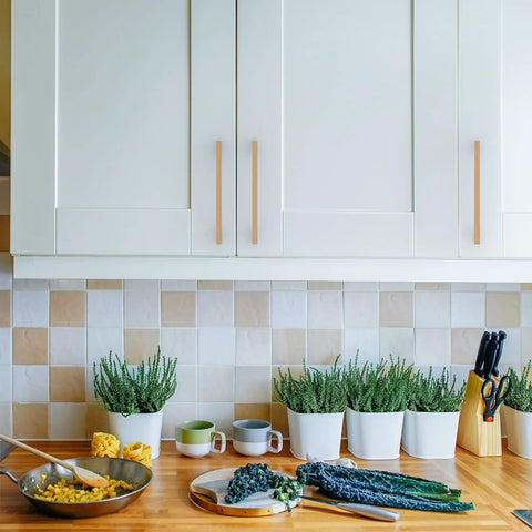10 Pack 5 Inch Champagne Bronze Cabinet Handles For Cupboards And Drawers Kitchen Cabinet Hardware Pulls installed on white kitchen cabinets above a counter with plants and utensils.