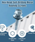 Close-up of self-drilling hex head screw from All In One Roof Repair Kit With 200 Self Drilling Metal Roof Screws And 200 Screw Caps Leak Proof Weatherproof Protective Set For Easy DIY Home Improvement And Quick Metal Roof Fixes