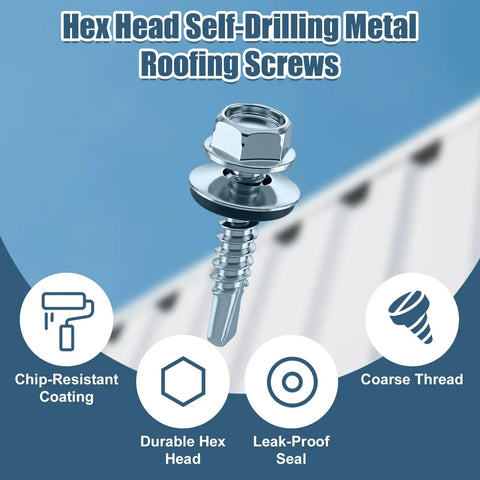 Close-up of self-drilling hex head screw from All In One Roof Repair Kit With 200 Self Drilling Metal Roof Screws And 200 Screw Caps Leak Proof Weatherproof Protective Set For Easy DIY Home Improvement And Quick Metal Roof Fixes