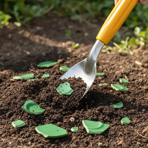 Nine Inch Serrated Edge Weeding Trowel With Stainless Steel Blade And Comfy Grip Handle digging soil with green shards