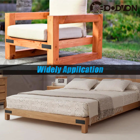 Heavy Duty Black Mending Plate For Wood Furniture Repair And Rock Solid Metal Brace Bracket With Rust Proof Finish used in modern chair and bed.
