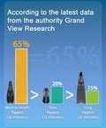 Graph showing popularity: 65% medium length fins (20-25 inches), 20% short fins (15-20 inches), 15% long fins (25-30 inches).