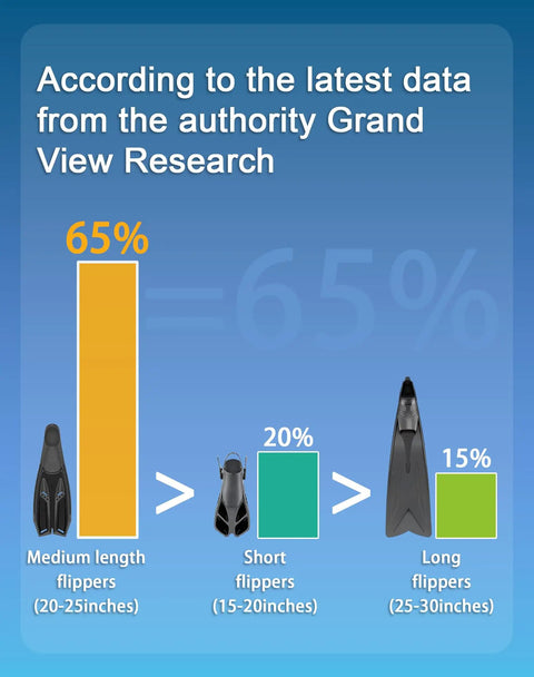 Graph showing popularity: 65% medium length fins (20-25 inches), 20% short fins (15-20 inches), 15% long fins (25-30 inches).