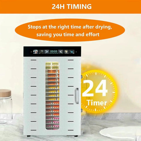 Heavy Duty Electric Food Dehydrator With Slick Touch Panel And Smart Dual Fans For Crafting Top Shelf Beef Jerky And Crispy Fruit Chips Without Any Fuss At Home with 24H timing feature displayed.