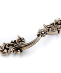 Antique Brass French Provincial Drawer Pulls Six Pack With Two And One Half Inch Hole Centers Four And Half Inch Length One And Quarter Inch Projection And One And Quarter Inch Width Zinc Alloy Shabby Chic Hardware For Dresser Nightstand Cabinet close-up view