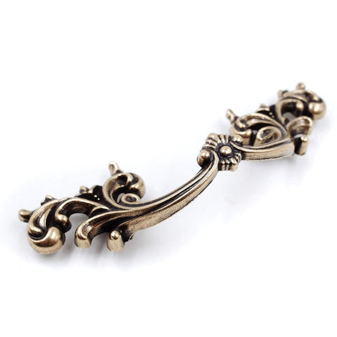 Antique Brass French Provincial Drawer Pulls Six Pack With Two And One Half Inch Hole Centers Four And Half Inch Length One And Quarter Inch Projection And One And Quarter Inch Width Zinc Alloy Shabby Chic Hardware For Dresser Nightstand Cabinet close-up view