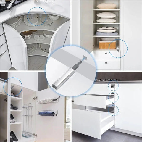 10 Pack Magnetic Push Latches For Cabinets And Drawers installed in kitchen and wardrobe cabinets, showcasing push-to-open functionality.