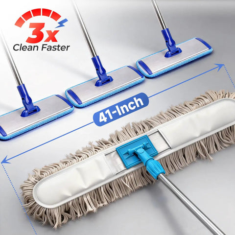Straight Up Heavy Duty Commercial Dust Mop With Extra Long Handle And Premium Absorbent Cotton Pad For No Sweat Floor Cleaning In Offices Garages Warehouses And Hardwood, 41-inch mop head with long handle.