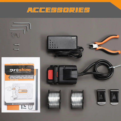 Accessories for Automatic Rebar Tier Gun 0.3 To 1.3 Inch Tie Tool with charger, wires, pliers, and manual.