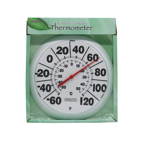 Wireless Indoor Outdoor Dial Thermometer With An 8 Inch Display For Patio Pool And Indoor Use Weather Resistant White Shows Easy To Read Large Numbers From Minus 60 To 120 Degrees Fahrenheit, packaged view
