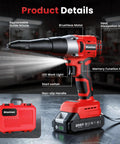 Badass Cordless Electric Rivet Gun Kit With 20 Volt Brushless Motor showing brushless motor, LED light, and non-slip handle.