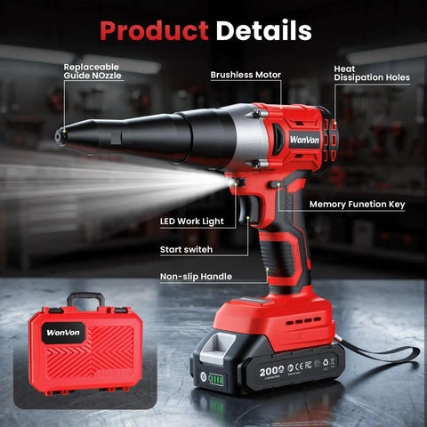 Badass Cordless Electric Rivet Gun Kit With 20 Volt Brushless Motor showing brushless motor, LED light, and non-slip handle.