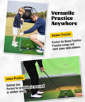 Child and adult using Dual Turf Golf Hitting Mat With Replaceable Surfaces And Tees indoors and outdoors for swing training.