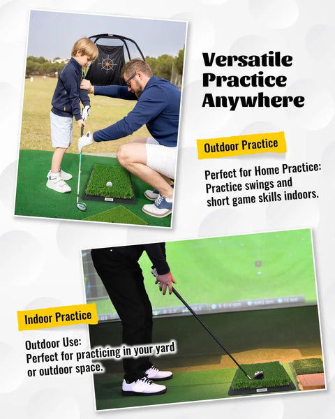 Child and adult using Dual Turf Golf Hitting Mat With Replaceable Surfaces And Tees indoors and outdoors for swing training.