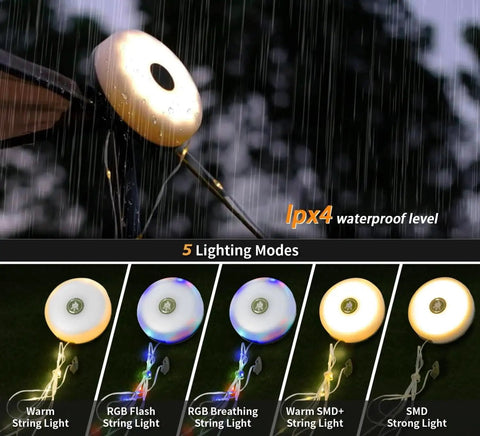 Lit All In One Camping String Lights 32.8Ft waterproof outdoor light showing IP44 waterproof level and 5 lighting modes
