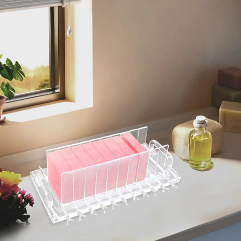 Acrylic Handmade Soap Loaf Cutter with Ten Compartments Adjustable Length Up To 3.94 Inches, displayed on a kitchen counter