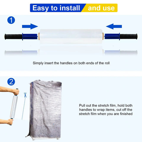 Heavy Duty Stretch Wrap For Pallets And Moving, Clear Industrial Strength Plastic Wrap Roll 15 Inch By 1000 Feet, 60 Gauge, With Handles, Durable Shrink Film For Secure Load, 4 Pack, showing installation and use instructions with depicted handles and wrapping technique.
