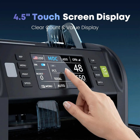 Person using touchscreen on Pro Money Counter Machine With Built In Receipt Printer For Mixed Denomination And Multi Currency