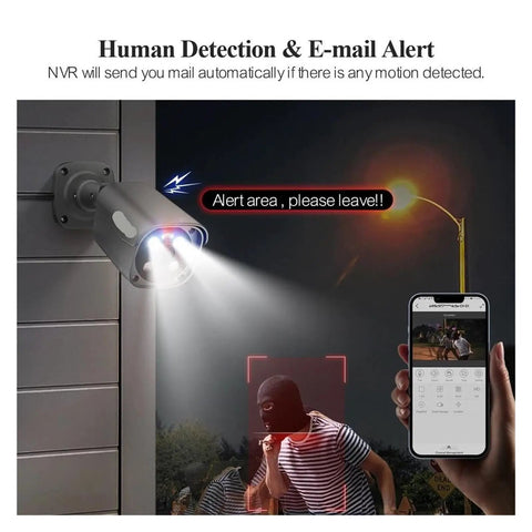 Genuinely Dope 8MP 4K PoE CCTV NVR Security Camera Kit showing human detection alert with surveillance light