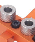 Close-up of Three In One Doweling Jig Drill Kit with Pro Grade Aluminum Alloy Construction showing precise scale and clamping.