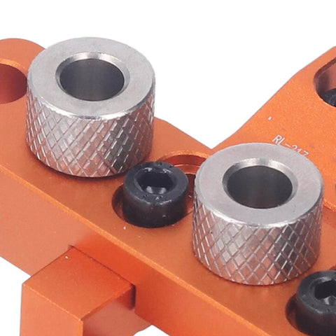 Close-up of Three In One Doweling Jig Drill Kit with Pro Grade Aluminum Alloy Construction showing precise scale and clamping.