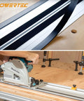 Splinter Guard Replacement Strip for Track Saw Guide Rail 118 Inch Roll next to Makita track saw cutting wood.