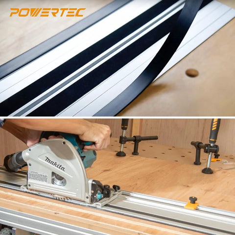 Splinter Guard Replacement Strip for Track Saw Guide Rail 118 Inch Roll next to Makita track saw cutting wood.