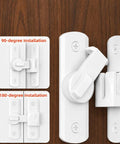Heavy Duty Zinc Alloy Door Latch With 90 And 180 Degree Swivel Mount Featuring A Rock Solid Dual Mode Rotating Lock In Crisp White Finish showing installation options.