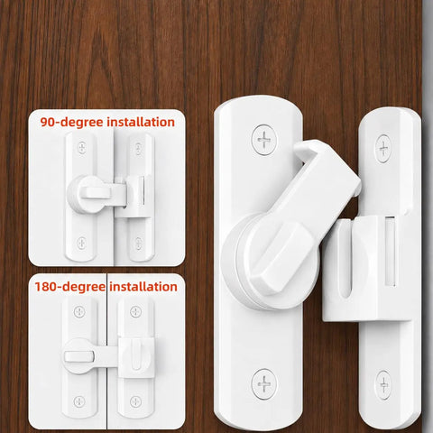 Heavy Duty Zinc Alloy Door Latch With 90 And 180 Degree Swivel Mount Featuring A Rock Solid Dual Mode Rotating Lock In Crisp White Finish showing installation options.
