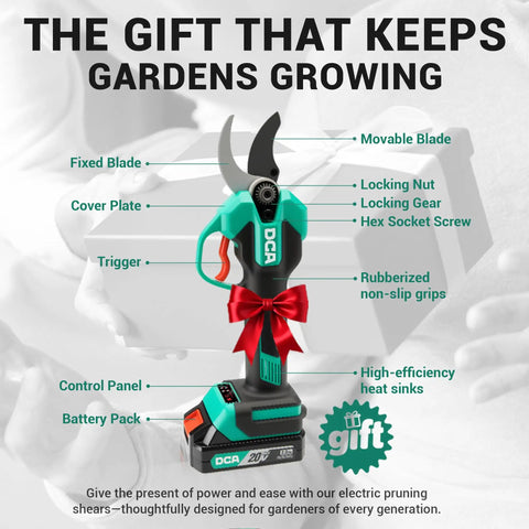 Cordless 20v Brushless Electric Pruning Shears With Dual 20ah Batteries And Sk5 Steel Blades Make Snipping Garden Limbs A Smooth Piece Of Cake Up To 14 Inches Easily with labels for features.