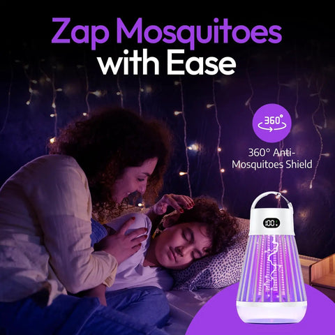 Zapper 2.0 3 Pack Portable Bug Zapper For Indoor And Outdoor Use Cordless Rechargeable Mosquito Zapper With Hanging Hook 1500V High Voltage Killer For Flies Mosquitoes And Bugs shown with a mother and child indoors at night, lit by fairy lights.