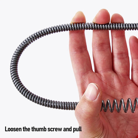 Rock Solid Drain Snake For Clogged Pipes Manganese Steel Cable held in hand, demonstrating easy use for blocked drains.