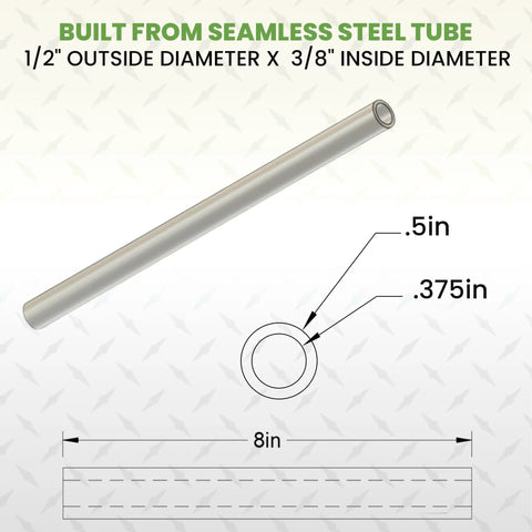 One Half Inch Outer Diameter Steel Tube Spacer Eight Inch Long Two Pack Seamless Round Tubes For DIY Projects Cutting Welding And Repairs Fits Three Eighths Inch Screws And Bolts with diagram showing dimensions