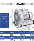 Beefy 220V And 380V Regenerative Vortex Blower For Industrial Dust Removal And Air Filtration, 120W Dust Collector shown with dimensions