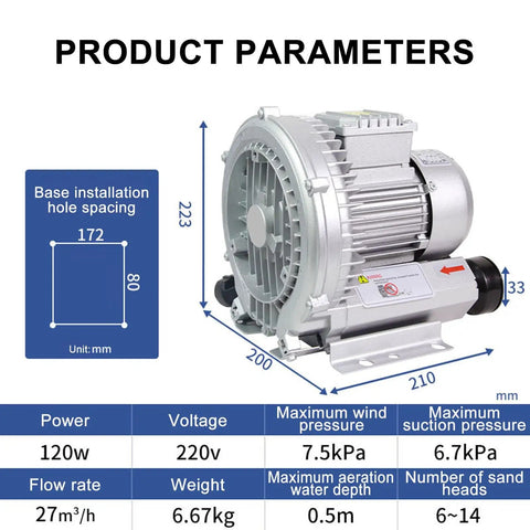Beefy 220V And 380V Regenerative Vortex Blower For Industrial Dust Removal And Air Filtration, 120W Dust Collector shown with dimensions