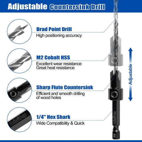 Adjustable countersink drill bit highlighting brad point, M2 cobalt HSS, sharp flute, and 1/4-inch hex shank features.