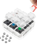Nine Key Cherry MX Switch Tester For Mechanical Keyboards With Nine Distinct Switches Offering The Same Feel As Real Cherry MX And Clear Color On Crystal Acrylic Base Includes Keycap Puller And O Rings For Easy Tryouts. Hand using keycap puller.